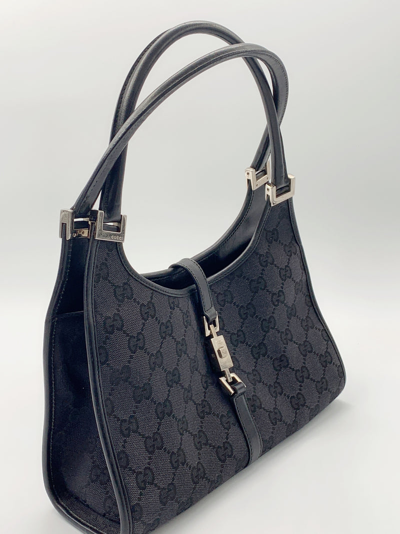 Sold-GUCCI GG Black Canvas Push Lock Shoulder Bag