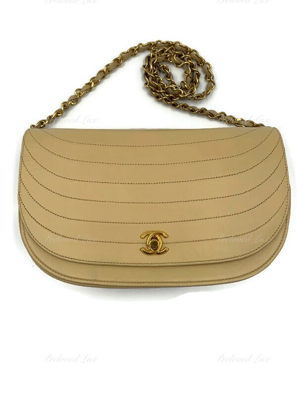 CHANEL Vintage Lambskin Half Moon Flap Bag Beige / gold hardware