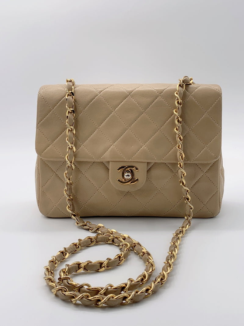 Sold-CHANEL Classic Lambskin Chain Single Mini Square Flap bag Beige/gold (3)