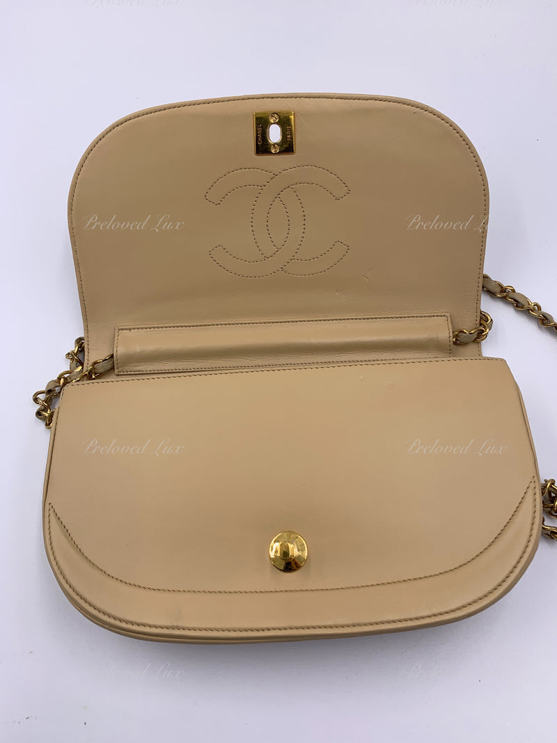 CHANEL Vintage Lambskin Half Moon Flap Bag Beige / gold hardware