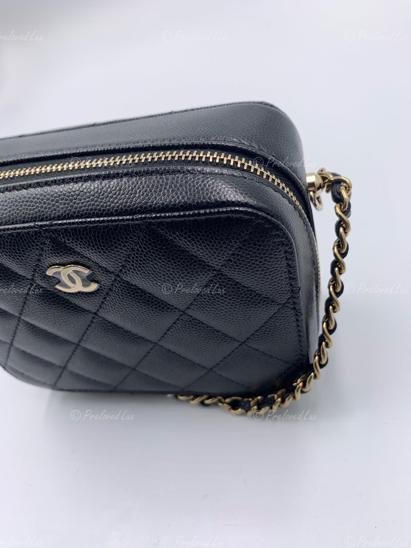 CHANEL Black Caviar Mini Camera Bag in Gold Hardware