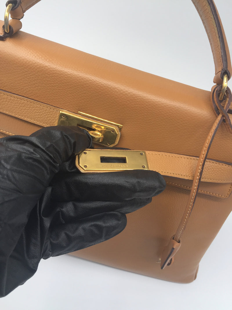 Sold-HERMES Vintage Kelly 32 Clemence Leather Gold Color GHW