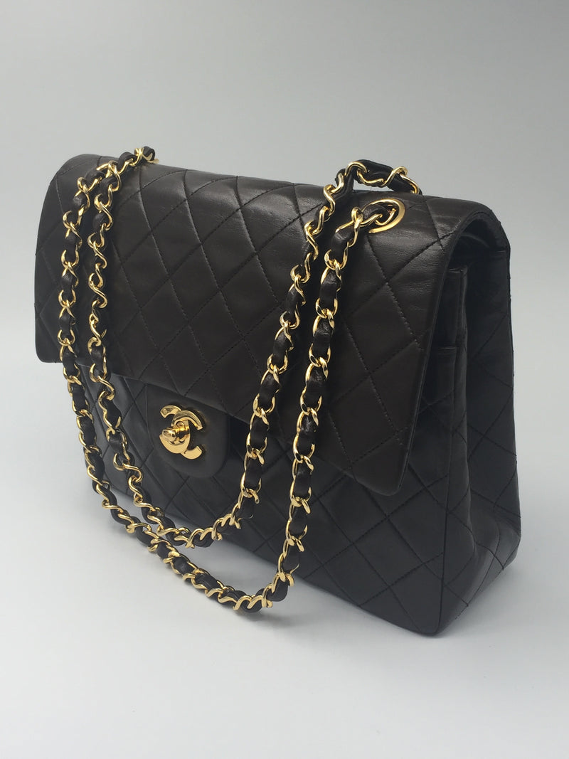 Sold-CHANEL Classic Lambskin Double Chain Double Flap Bag dark brown/gold