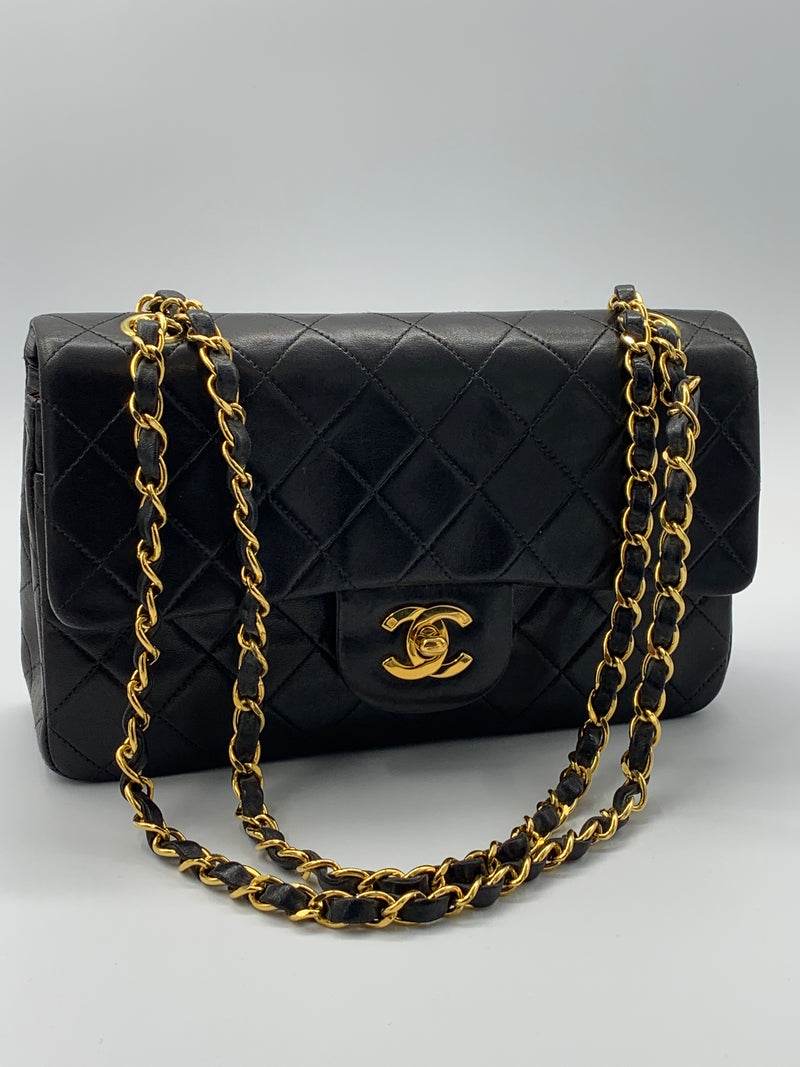 Sold-CHANEL Classic Lambskin Double Chain Double Small Flap Bag black/gold (2)