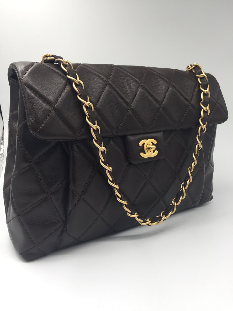 CHANEL CC Lambskin Single Flap Large Size Bag Dark Brown/matte gold hardware