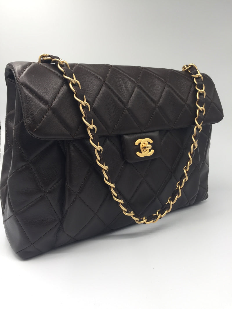 Sold-CHANEL CC Lambskin Single Flap Large Size Bag Dark Brown/matte gold hardware