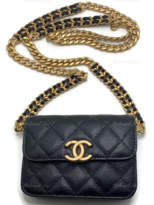 Sold-CHANEL Black Caviar Mini Clutch Crossbody Flap Gold Hardware