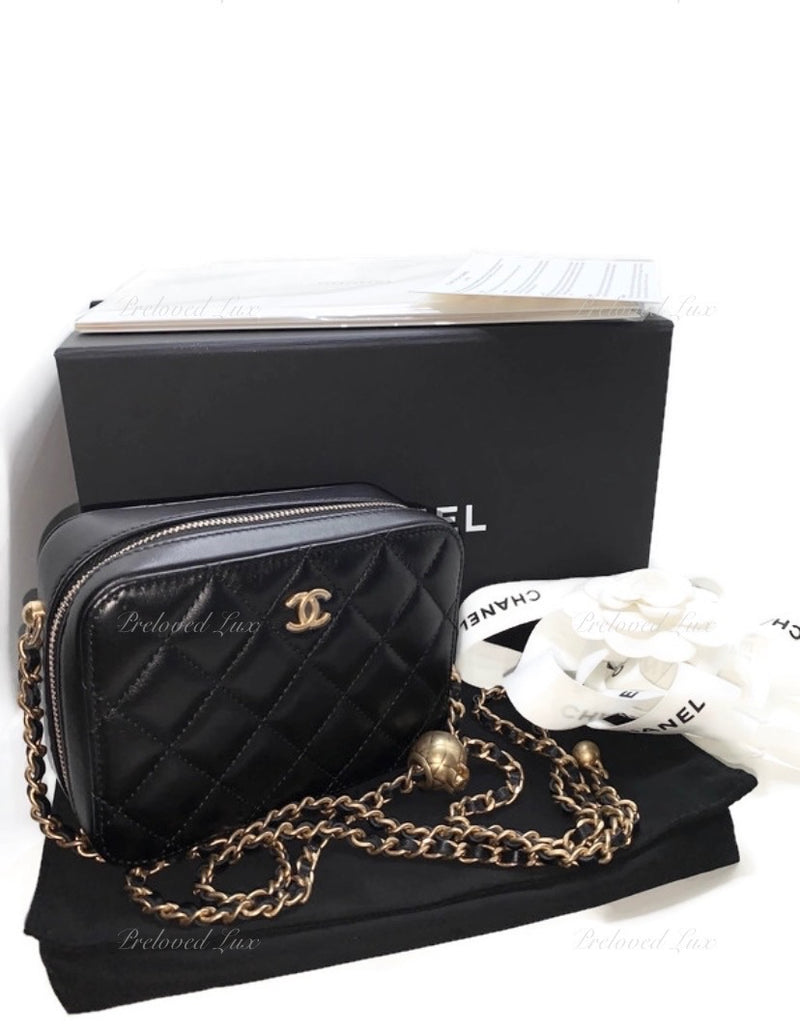 Sold-CHANEL Black Lambskin Pearl Crush Mini Vanity Camera Bag in Aged Gold Hardware