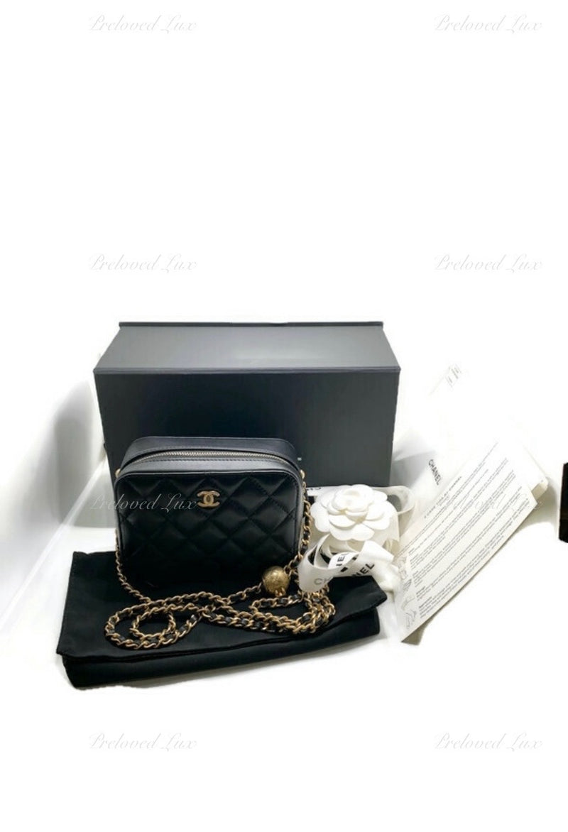 Sold-CHANEL Black Lambskin Pearl Crush Mini Vanity Camera Bag in Aged Gold Hardware