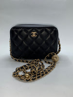 Sold-CHANEL Black Lambskin Pearl Crush Mini Vanity Camera Bag in Aged Gold Hardware