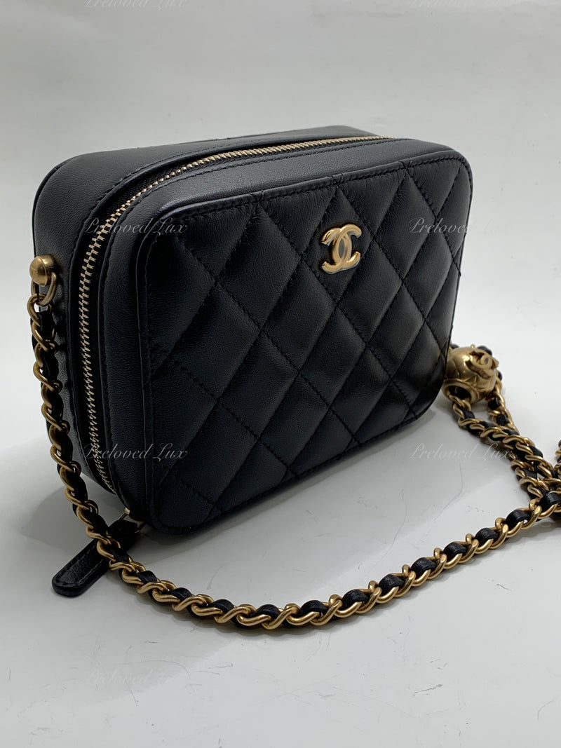 Sold-CHANEL Black Lambskin Pearl Crush Mini Vanity Camera Bag in Aged Gold Hardware