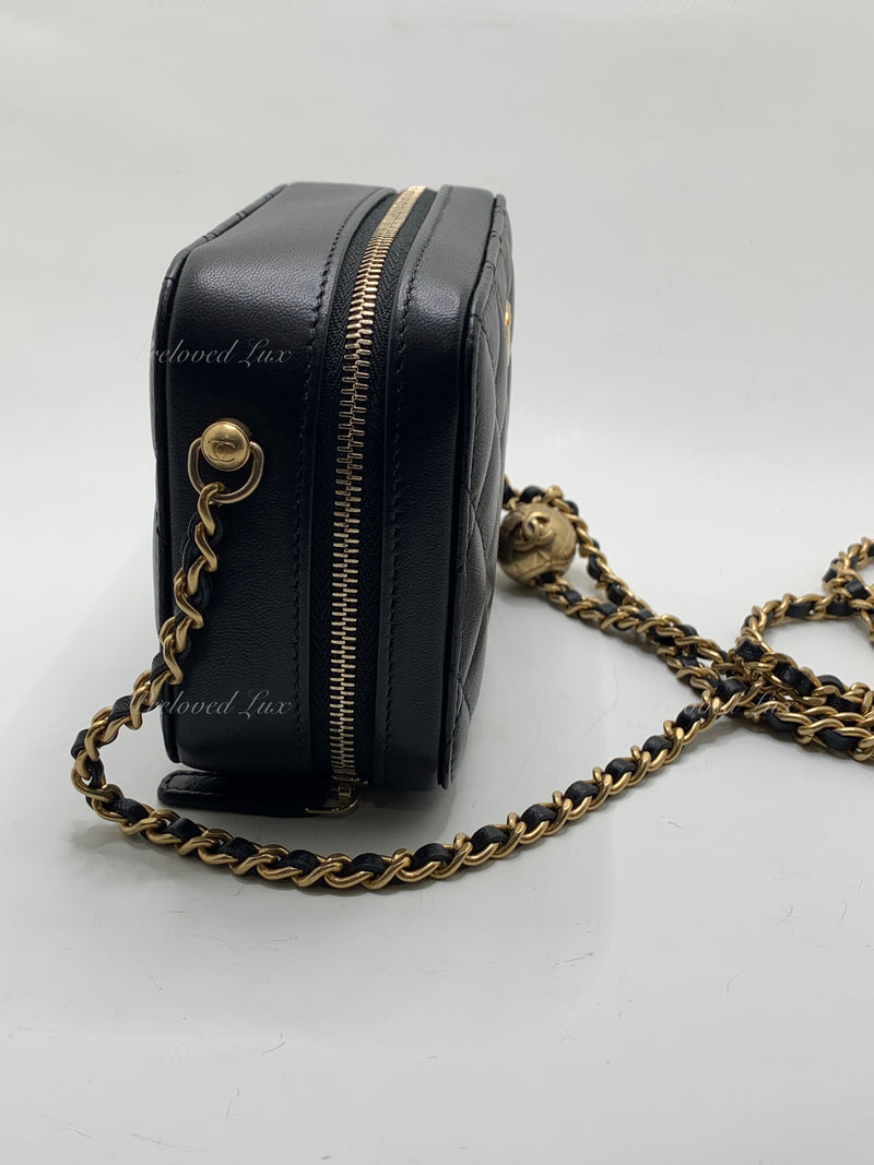 Sold-CHANEL Black Lambskin Pearl Crush Mini Vanity Camera Bag in Aged Gold Hardware