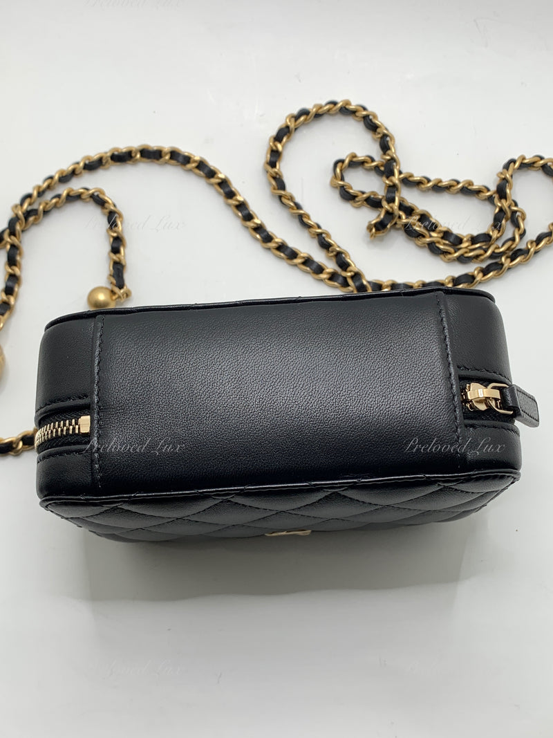 Sold-CHANEL Black Lambskin Pearl Crush Mini Vanity Camera Bag in Aged Gold Hardware