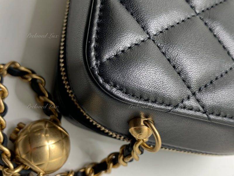 Sold-CHANEL Black Lambskin Pearl Crush Mini Vanity Camera Bag in Aged Gold Hardware