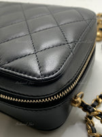 Sold-CHANEL Black Lambskin Pearl Crush Mini Vanity Camera Bag in Aged Gold Hardware