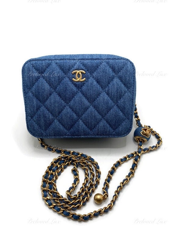 Sold-CHANEL Denim Blue Pearl Crush Mini Vanity Camera Bag in Aged Gold Hardware