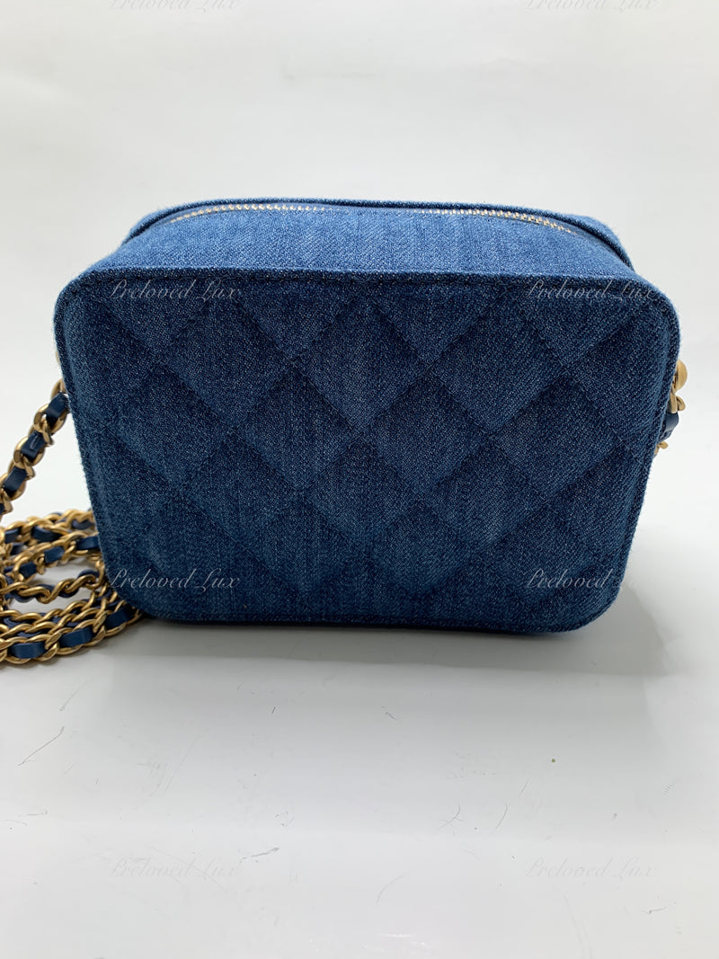 Sold-CHANEL Denim Blue Pearl Crush Mini Vanity Camera Bag in Aged Gold Hardware