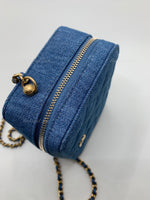 Sold-CHANEL Denim Blue Pearl Crush Mini Vanity Camera Bag in Aged Gold Hardware