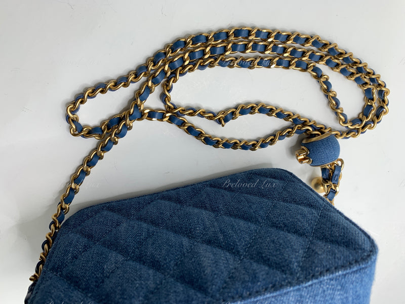 Sold-CHANEL Denim Blue Pearl Crush Mini Vanity Camera Bag in Aged Gold Hardware