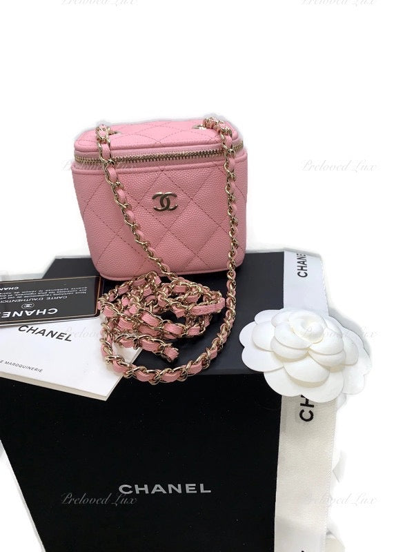 Sold-CHANEL Caviar Sakura Pink Mini Square Vanity Case Chain Bag Light Gold Hardware