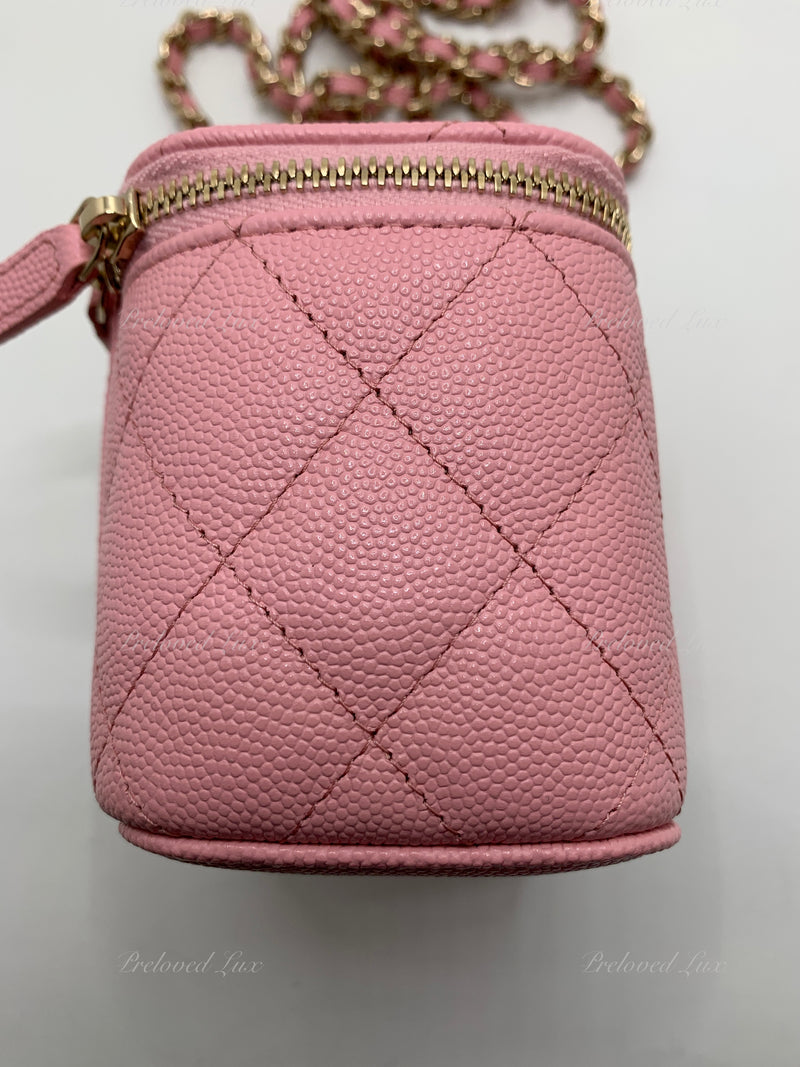 Sold-CHANEL Caviar Sakura Pink Mini Square Vanity Case Chain Bag Light Gold Hardware