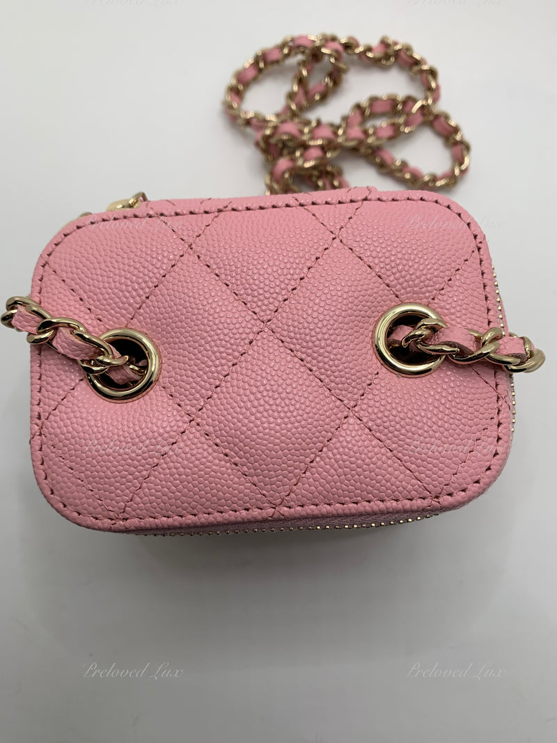 Sold-CHANEL Caviar Sakura Pink Mini Square Vanity Case Chain Bag Light Gold Hardware