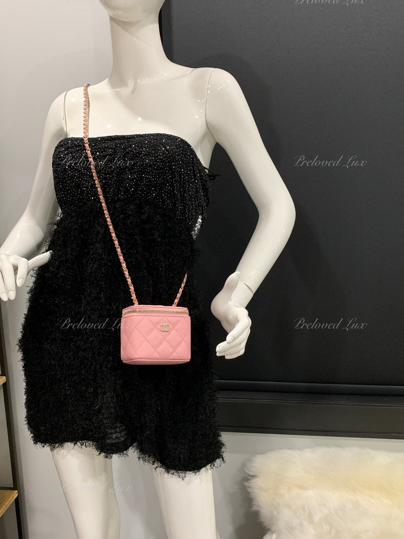 Sold-CHANEL Caviar Sakura Pink Mini Square Vanity Case Chain Bag Light Gold Hardware