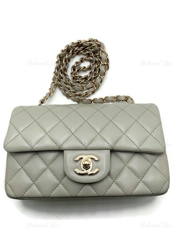 Sold-CHANEL Classic Grey Lambskin Mini Rectangular Crossbody Bag in Champaign Gold Hardware