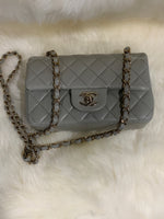 Sold-CHANEL Classic Grey Lambskin Mini Rectangular Crossbody Bag in Champaign Gold Hardware