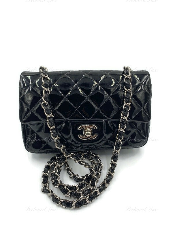 CHANEL Classic Mini Rectangular Black Shoulder Bag Crossbody - Silver Hardware Patent Leather