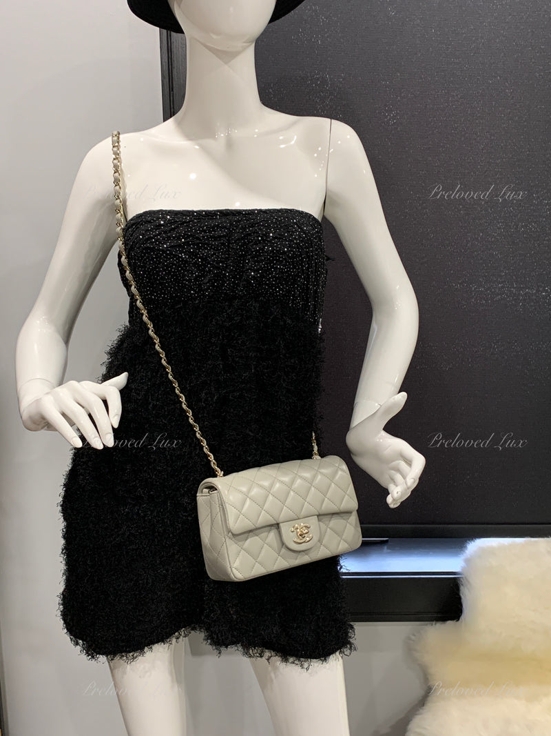 Sold-CHANEL Classic Grey Lambskin Mini Rectangular Crossbody Bag in Champaign Gold Hardware