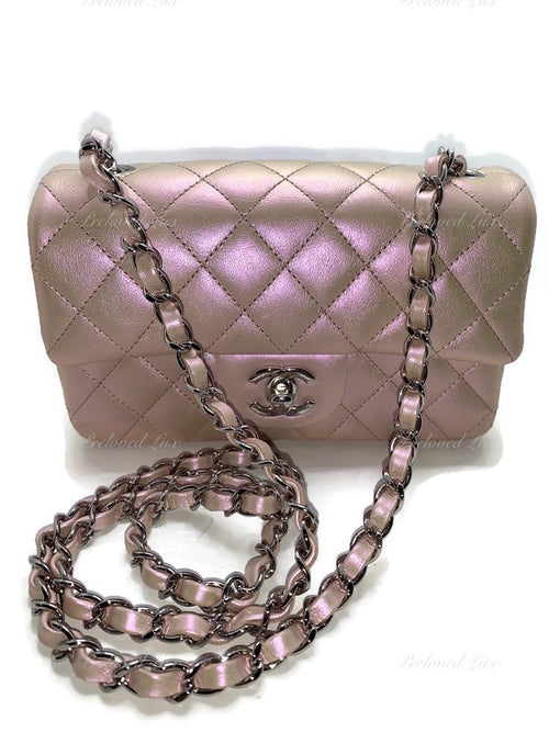 Sold-CHANEL Classic Iridescent Pink Calfskin Mini Rectangular Crossbody Bag in Silver Hardware