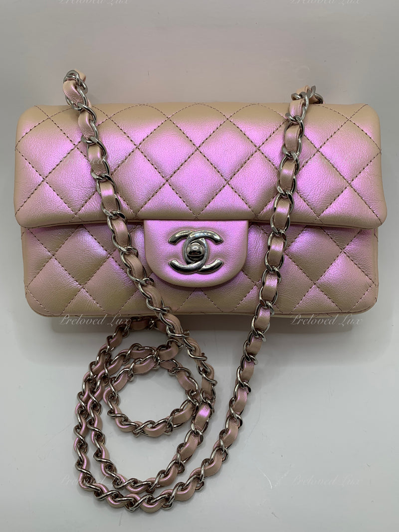 Sold-CHANEL Classic Iridescent Pink Calfskin Mini Rectangular Crossbody Bag in Silver Hardware