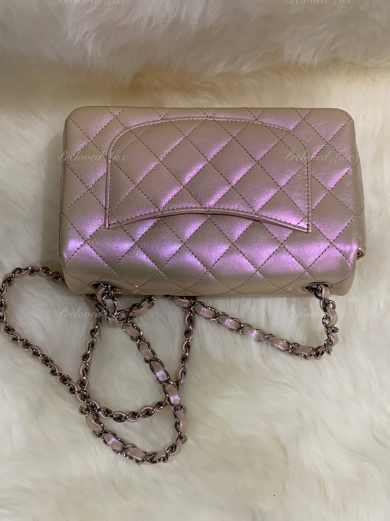 Sold-CHANEL Classic Iridescent Pink Calfskin Mini Rectangular Crossbody Bag in Silver Hardware