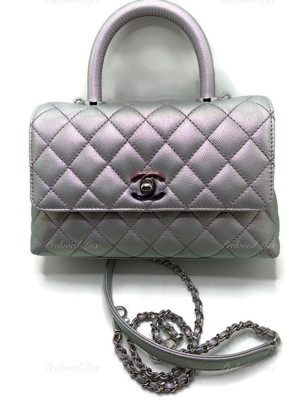 Sold-CHANEL Classic Iridescent Purple Caviar Small Coco Handle Bag in Silver Hardware