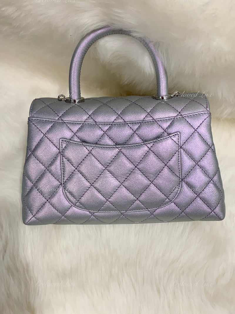 Sold-CHANEL Classic Iridescent Purple Caviar Small Coco Handle Bag in Silver Hardware