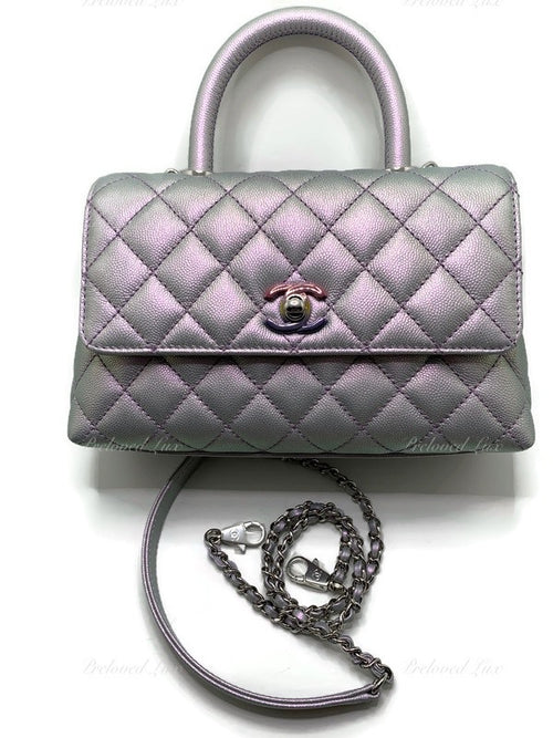 Sold-CHANEL Classic Iridescent Purple Caviar Small Coco Handle Bag in Silver Hardware