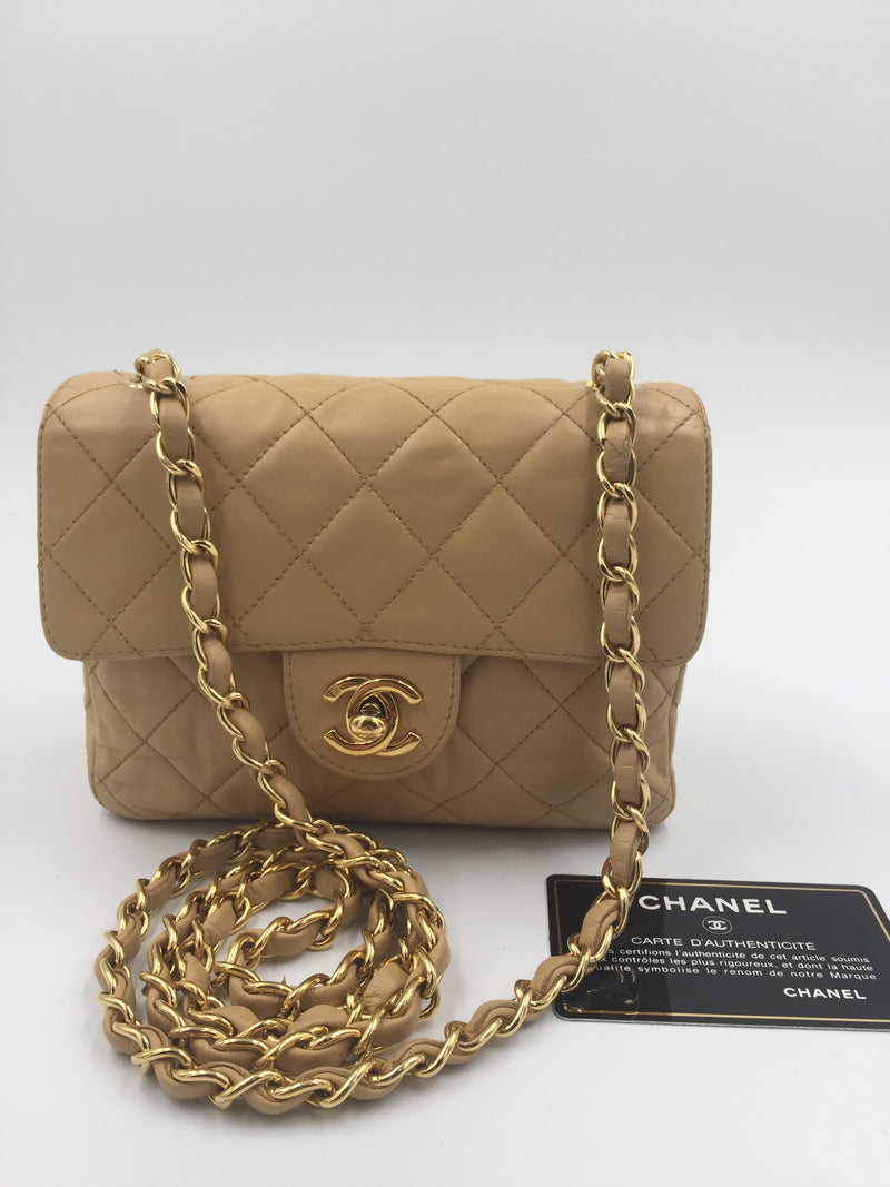 Sold-CHANEL Classic Lambskin Chain Single Mini Square Flap bag Beige/ gold