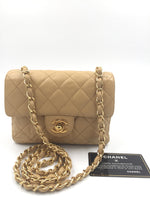 Sold-CHANEL Classic Lambskin Chain Single Mini Square Flap bag Beige/ gold