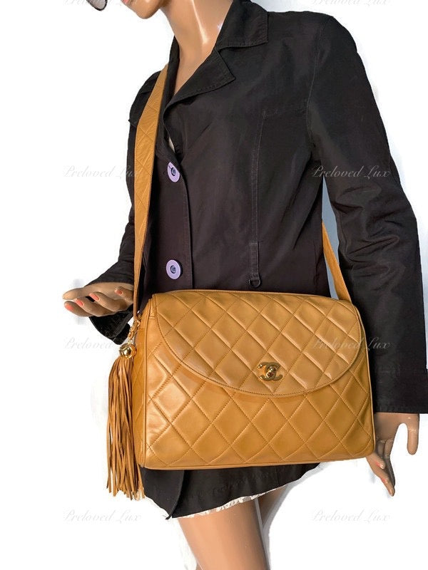 CHANEL Lambskin Camel (Dark Beige) Large Camera Bag with Tassel