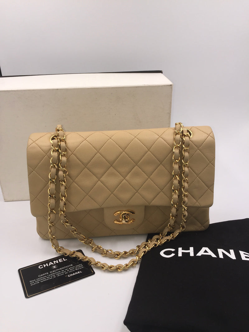 Sold-CHANEL Classic Lambskin Double Chain Double Flap Medium Shoulder Bag- beige/gold