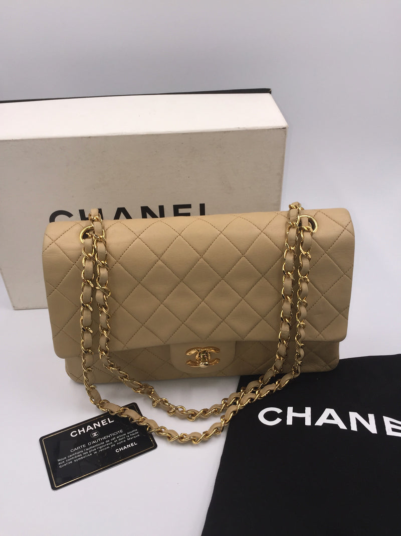 Sold-CHANEL Classic Lambskin Double Chain Double Flap Medium Shoulder Bag- beige/gold