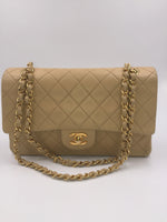 Sold-CHANEL Classic Lambskin Double Chain Double Flap Medium Shoulder Bag- beige/gold