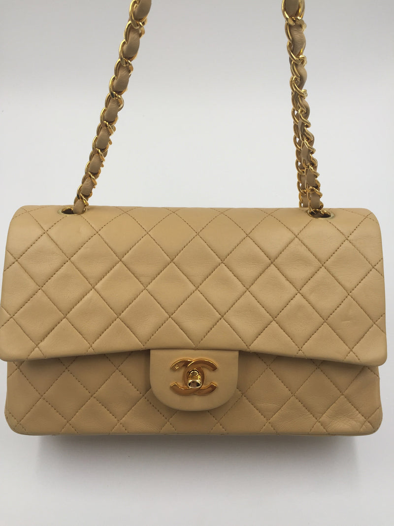 Sold-CHANEL Classic Lambskin Double Chain Double Flap Medium Shoulder Bag- beige/gold