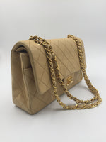 Sold-CHANEL Classic Lambskin Double Chain Double Flap Medium Shoulder Bag- beige/gold