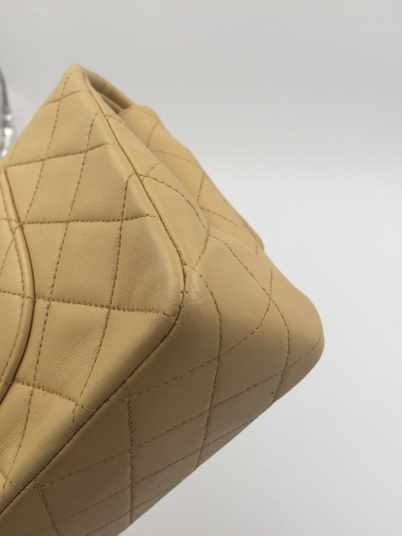 Sold-CHANEL Classic Lambskin Double Chain Double Flap Medium Shoulder Bag- beige/gold