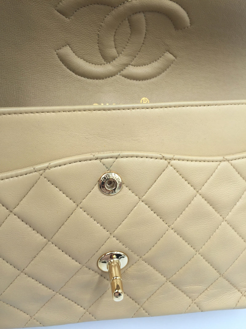 Sold-CHANEL Classic Lambskin Double Chain Double Flap Medium Shoulder Bag- beige/gold