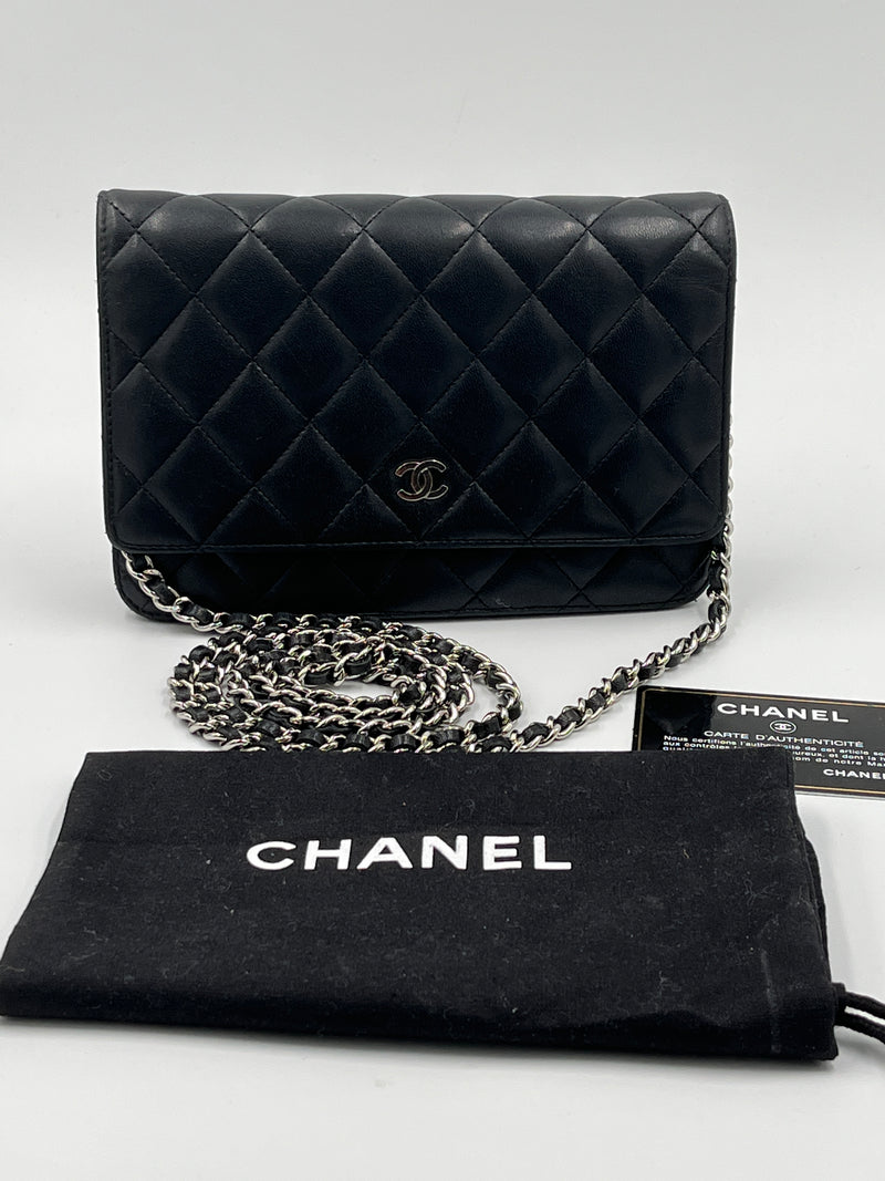 Sold-CHANEL Black Lambskin Wallet-on-the-chain WOC Crossbody Flap Bag Silver Hardware