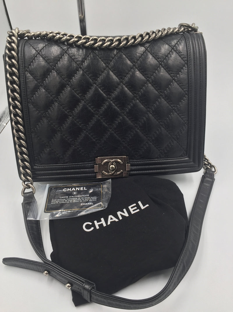 Sold-CHANEL Calfskin Quilted Large Boy Flap Black- Aged Silver Hardware