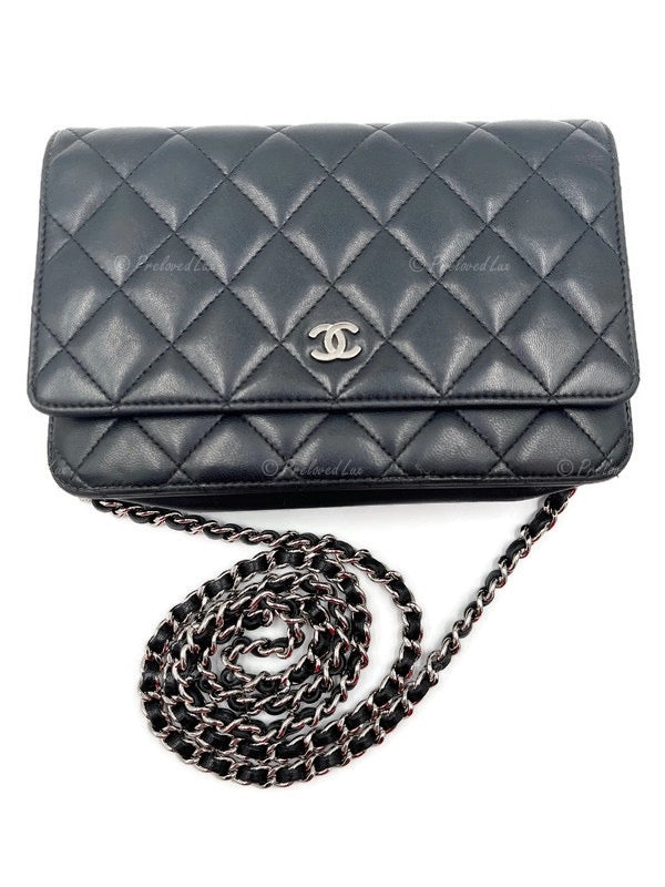 Sold-CHANEL Black Lambskin Wallet-on-the-chain WOC Crossbody Flap Bag Silver Hardware